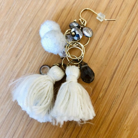 Anthropologie Tassel Pom-Pom Crystal Drop Chandelier Statement Earrings - Picture 3 of 4